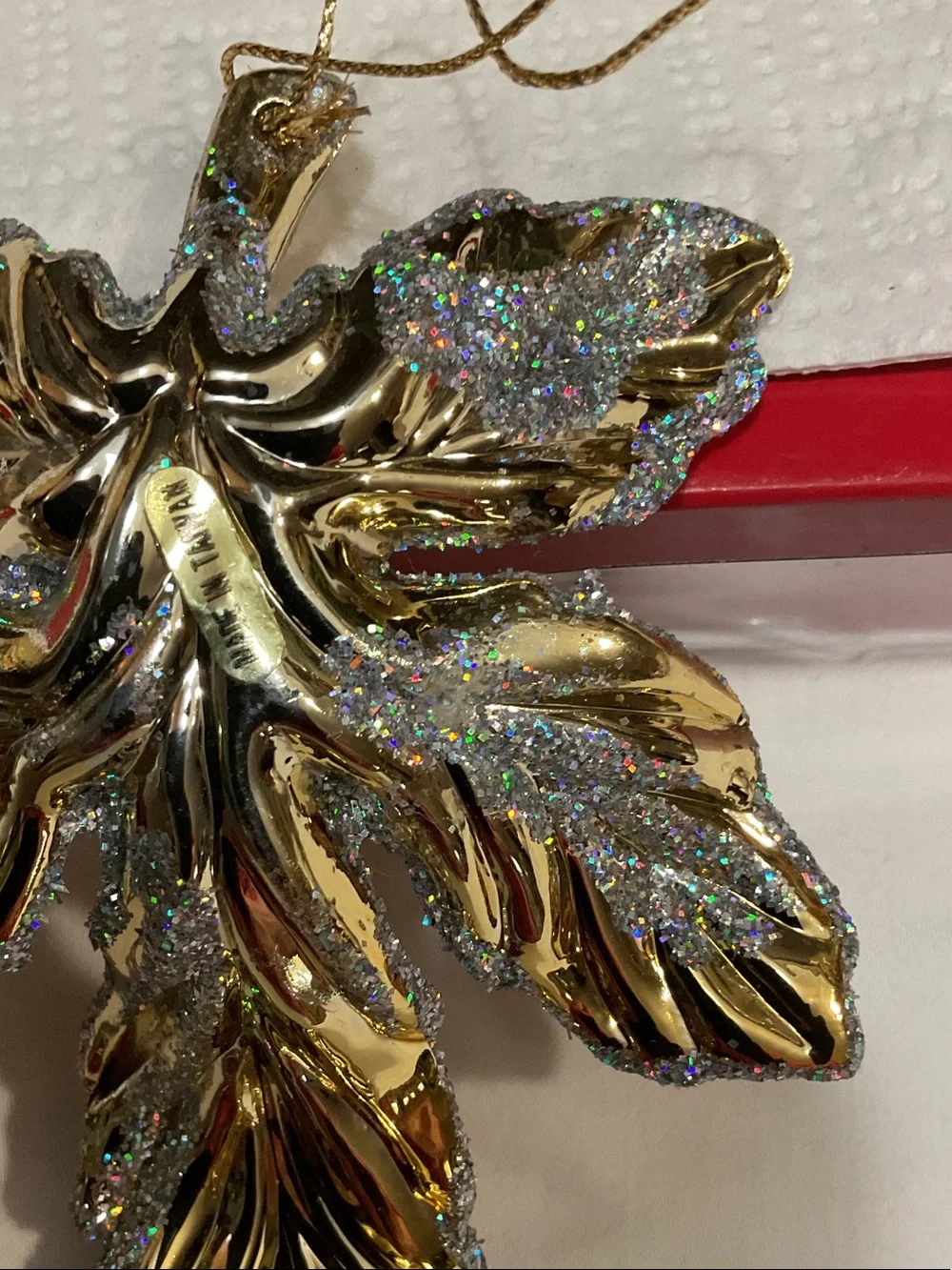 Gold Glitter Leaf Holiday Ornament - Decorative Hanging Accent